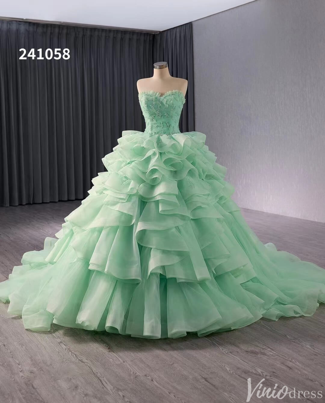Light Green Ruffle Wedding Gown Beaded Strapless Quinceanera Dress 241058