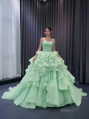 Light Green Ruffle Wedding Gown Beaded Strapless Quinceanera Dress 241058