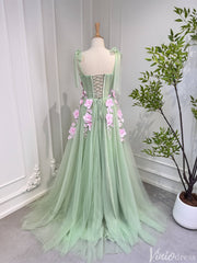 Light Green Tulle Prom Dresses with Pink Flowers Floral Evening Dress 80005