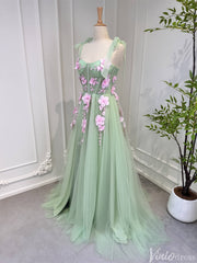 Light Green Tulle Prom Dresses with Pink Flowers Floral Evening Dress 80005