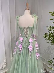 Light Green Tulle Prom Dresses with Pink Flowers Floral Evening Dress 80005