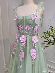 Light Green Tulle Prom Dresses with Pink Flowers Floral Evening Dress 80005