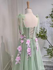 Light Green Tulle Prom Dresses with Pink Flowers Floral Evening Dress 80005