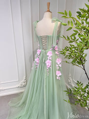 Light Green Tulle Prom Dresses with Pink Flowers Floral Evening Dress 80005