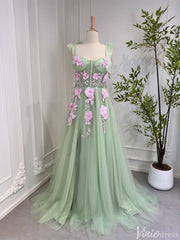 Light Green Tulle Prom Dresses with Pink Flowers Floral Evening Dress 80005