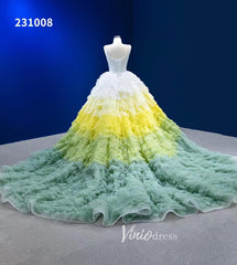 Light Green Yellow Gradient Ruffle Wedding Dress Layered Ball Gowns 231008