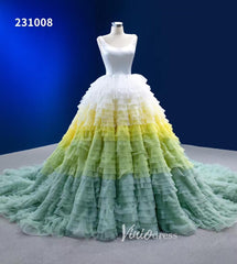 Light Green Yellow Gradient Ruffle Wedding Dress Layered Ball Gowns 231008