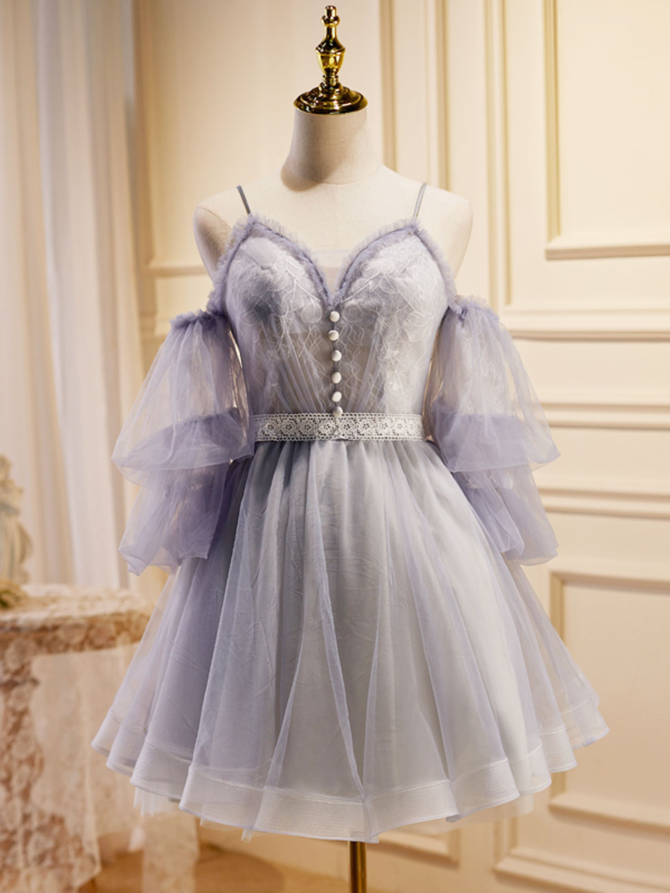 Robes de bal courtes en dentelle en tulle en tulle