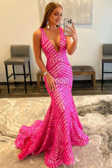Light Purple Deep V Neck Sequin Mermaid Prom Dress