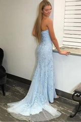 Sky Blue Mermaid Strapless Split Prom Dress With Lace Appliques