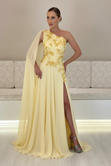 One-Shoulder Sleeveless Chiffon Evening Dresses Long with Side Slit