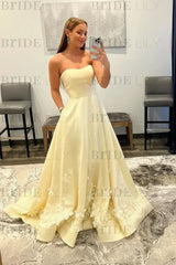 Strapless Light Blue Satin Prom Dresses 3D Flowers A-line Evening Dresses with Pocket
