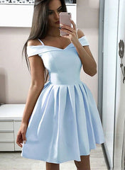 Light Blue Satin Short Sweetheart Party Dresses, Off Shoulder Homecoming Dresses
