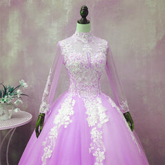 Light Purple Tulle Long Sleeves Applique Sweet 16 Gown, Beautiful Evening Dress Formal Dress