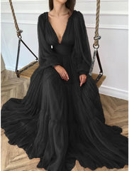 A-Line Evening Gown Elegant Dress Red Green Dress Formal Wedding Guest Floor Length Long Sleeve V Neck Chiffon with Ruched