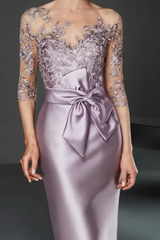 Bateau 3/4 Long Sleeves Satin Mother of the Bride Dresses with Lace