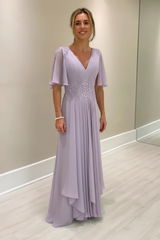 Elegant Half Sleeves V-neck Aline Wedding Guest Dress Chiffon Mother of the Bride Dress