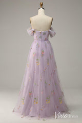 Lilac Floral Off the Shoulder Prom Dresses Pleated Lace Applique Formal Gown AD1104