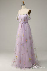 Lilac Floral Off the Shoulder Prom Dresses Pleated Lace Applique Formal Gown AD1104
