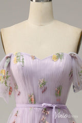 Lilac Floral Off the Shoulder Prom Dresses Pleated Lace Applique Formal Gown AD1104