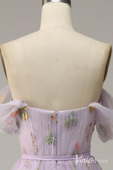 Lilac Floral Off the Shoulder Prom Dresses Pleated Lace Applique Formal Gown AD1104