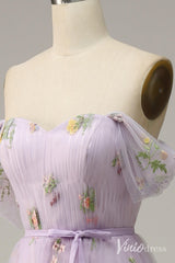 Lilac Floral Off the Shoulder Prom Dresses Pleated Lace Applique Formal Gown AD1104