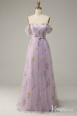 Lilac Floral Off the Shoulder Prom Dresses Pleated Lace Applique Formal Gown AD1104