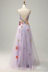 Lilac Floral V-Neck Prom Dresses Lace Applique Formal Gown AD1100