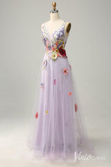 Lilac Floral V-Neck Prom Dresses Lace Applique Formal Gown AD1100