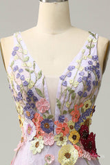 Lilac Floral V-Neck Prom Dresses Lace Applique Formal Gown AD1100
