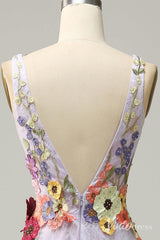 Lilac Floral V-Neck Prom Dresses Lace Applique Formal Gown AD1100
