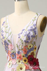 Lilac Floral V-Neck Prom Dresses Lace Applique Formal Gown AD1100
