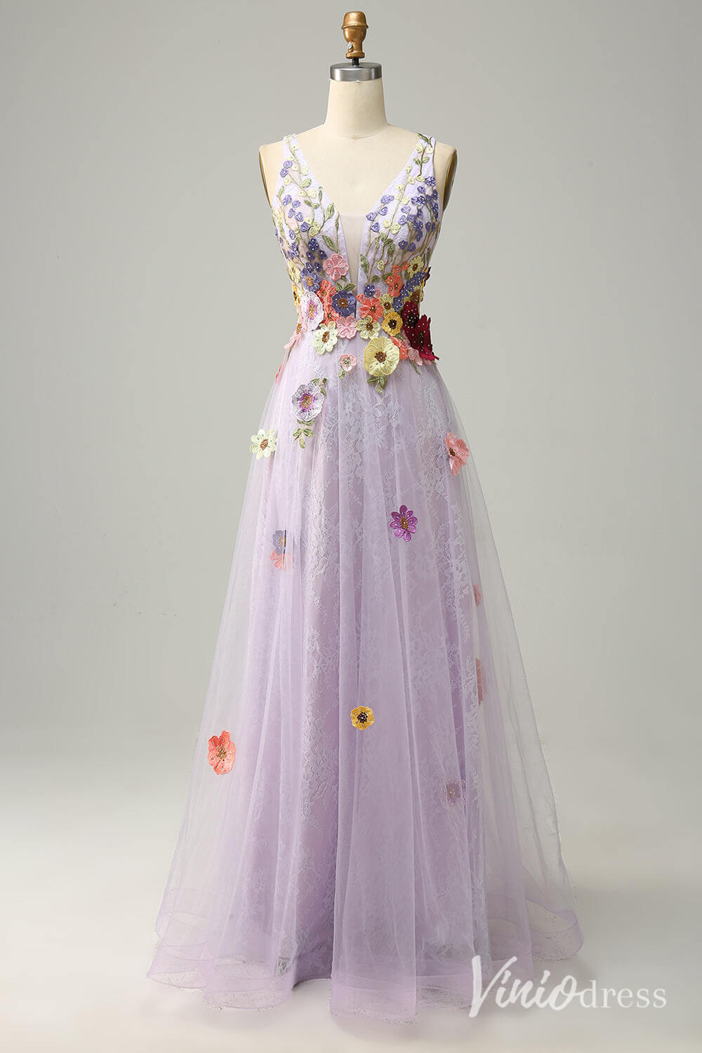 Lilac Floral V-Neck Prom Dresses Lace Applique Formal Gown AD1100