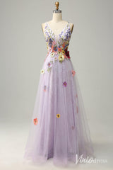 Lilac Floral V-Neck Prom Dresses Lace Applique Formal Gown AD1100
