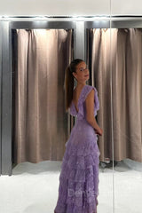 Purple Lace Long prom -jurken Backless Evening Jurk prachtige maxi -jurk