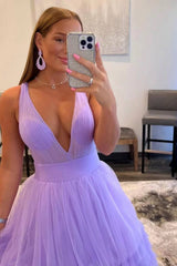 Lilac Long A-line V-Neck Sleeveless Tulle Evening Prom Dresses