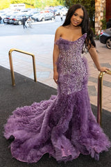 Lilac Modern One Shoulder Ruffles Front Slit Prom Dress