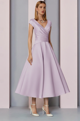 Navy Satin A-Line Mother of the Bride Dress V Neck Tea Length Wedding Guest Dress