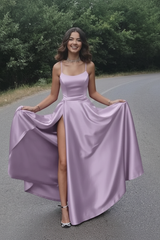 Simple A Line Red Satin Prom Dresses Long with High Slit Formal Graduation Evening Dresses