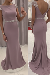 Navy Blue Sequined Fitted Cap Sleeve Mermaid Prom Dress Formal Gown