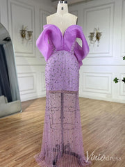 Lilac Sheer Beaded Prom Dresses Off the Shoulder Sweetheart Formal Dresses 20218