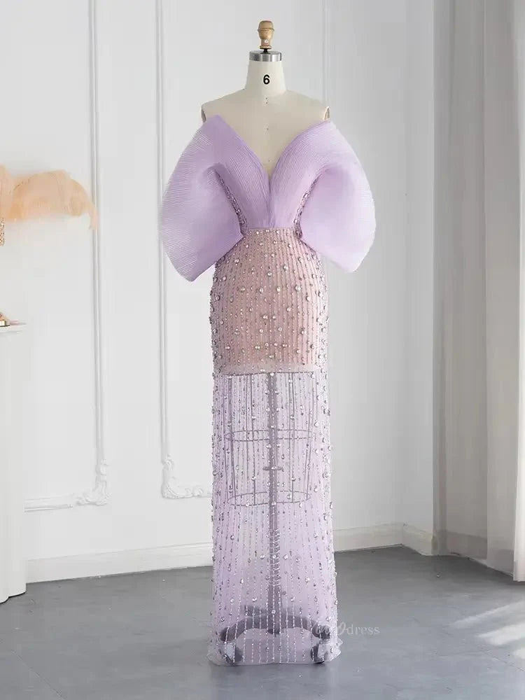 Lilac Sheer Beaded Prom Dresses Off the Shoulder Sweetheart Formal Dresses 20218