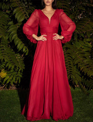 A-Line Bridesmaid Dress V Neck Long Sleeve Blue Floor Length Chiffon with Ruching / Solid Color
