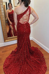 One-Shoulder Royal Blue Sequin Mermaid Long Formal Dress