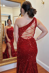 One-Shoulder Royal Blue Sequin Mermaid Long Formal Dress