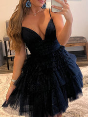 A-shaped princess sheer ruffle edge thin shoulder strap sleeveless short Homecoming Dress