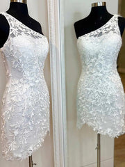 Tight straight lace applique one shoulder sleeveless short Homecoming Dress
