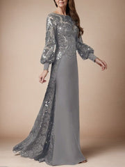 Tight V-back sequin captain sleeve chiffon and ground length style Mother of the Bride Dresses