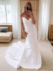 Sheath V-neck pleated palace dress satin and ground length wedding dress