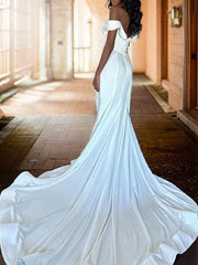 Tight off shoulder pleated cathedral train  woven satin tight fitting corset wedding dress